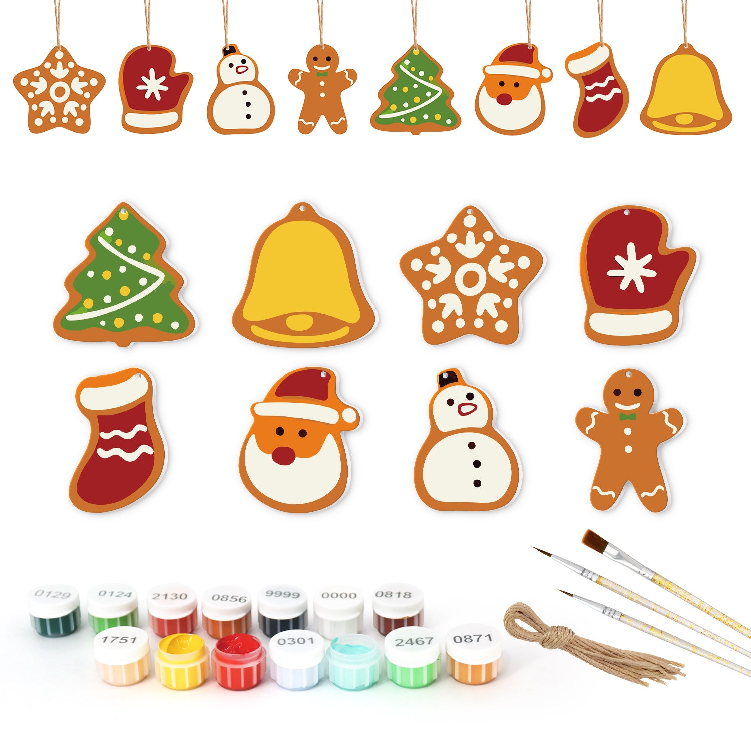 Set of Christmas-themed ceramic decorations with painting supplies on a white background