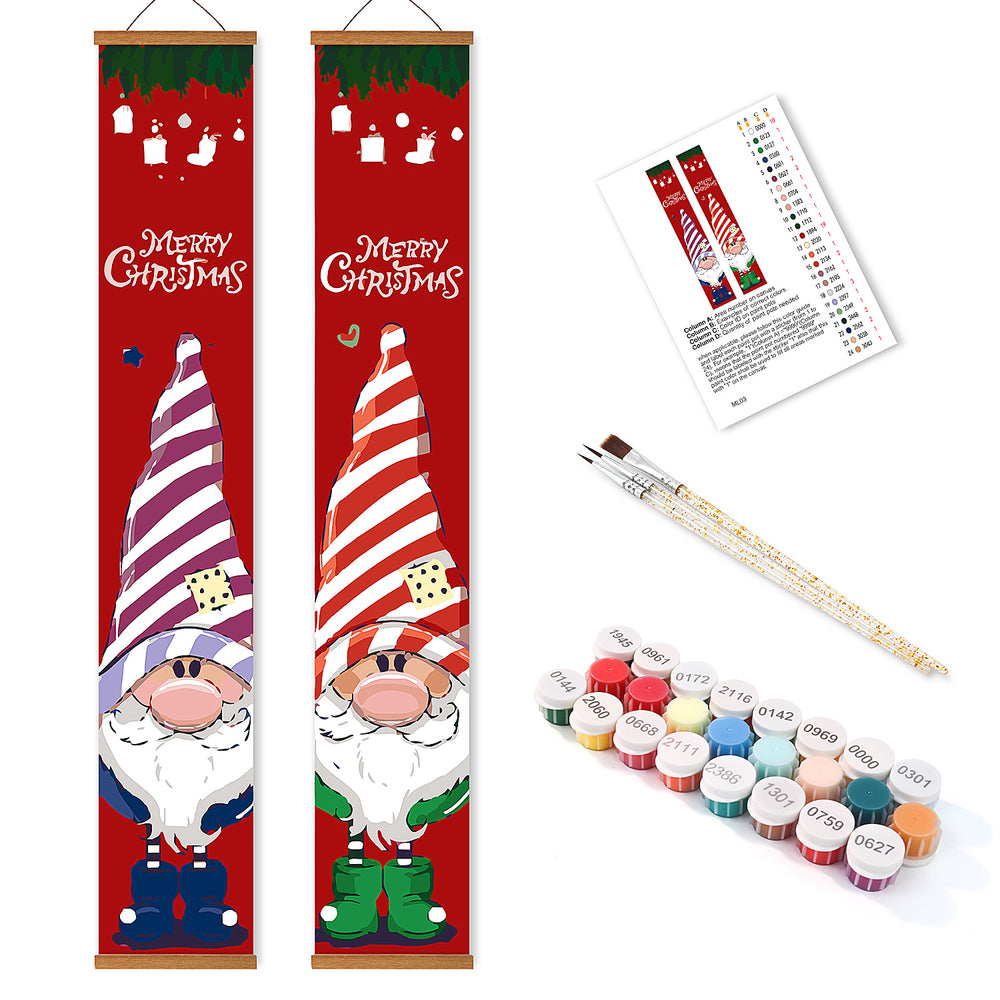 Two Christmas-themed scroll paintings with gnomes, paintbrushes, and paint bottles on a white background.