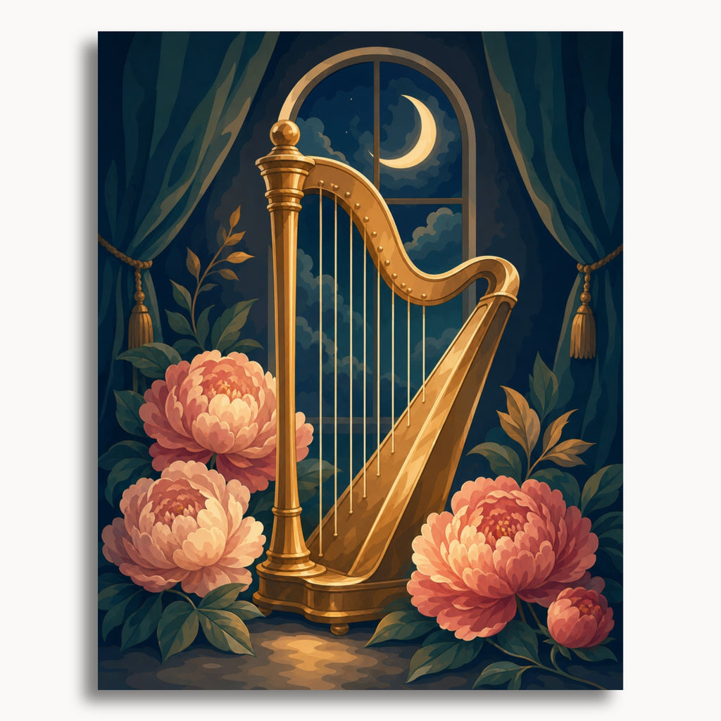 Moonlit Harp paint by numbers artwork on canvas