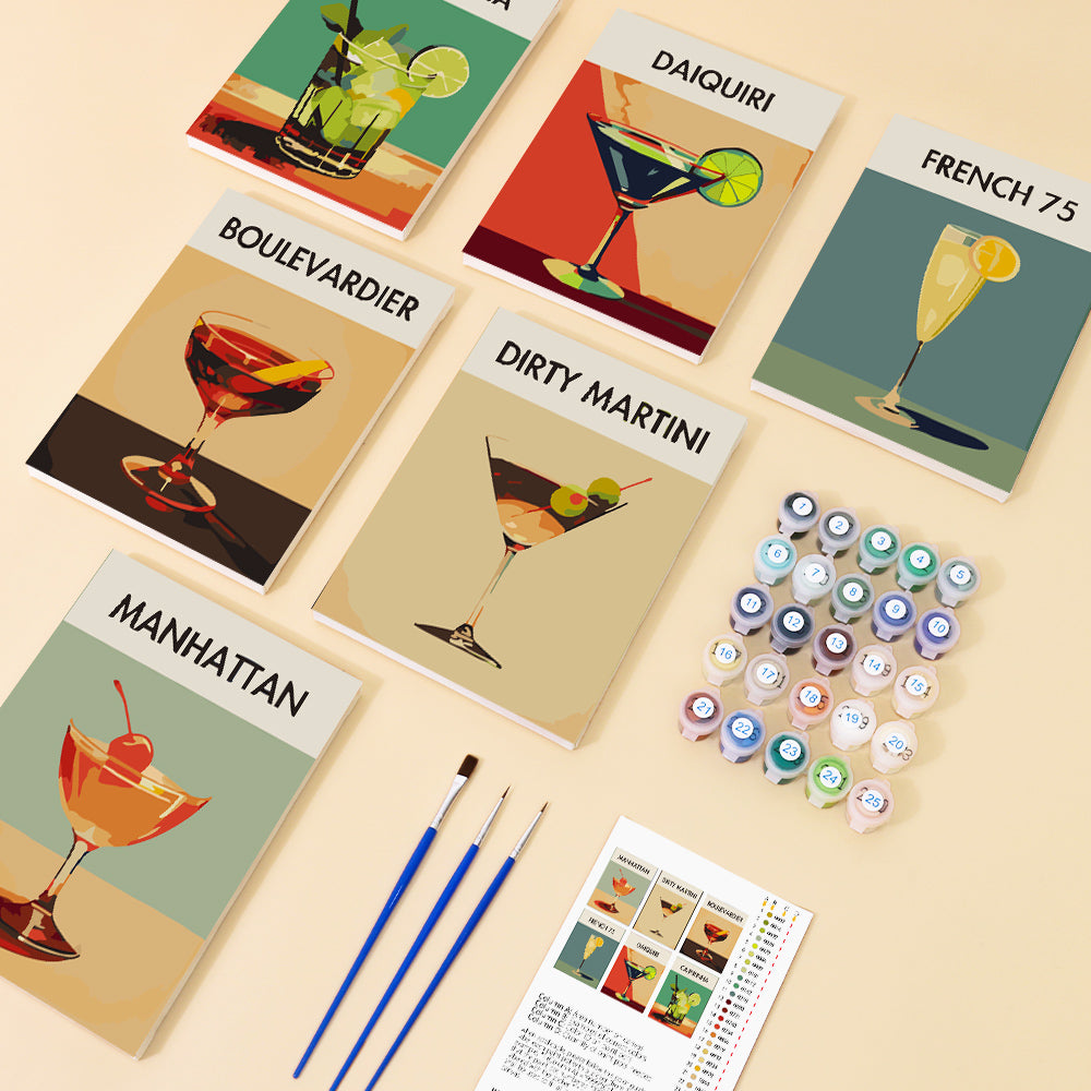 set of six color by numbers cocktail, number colors, brush and guide kit.