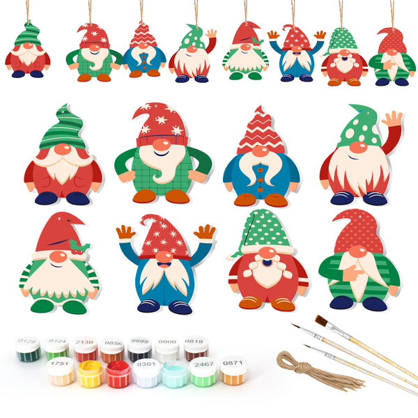 Set of colorful gnome ornaments with painting supplies on a white background