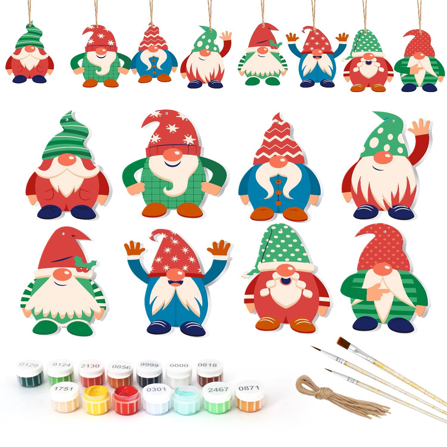 Set of colorful gnome ornaments with painting supplies on a white background