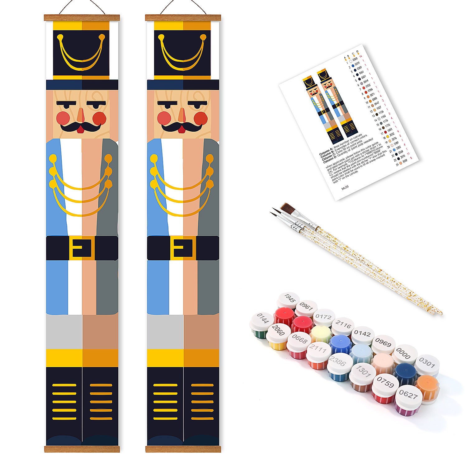 Decorative nutcracker wall hangings with paint and brush set on a white background