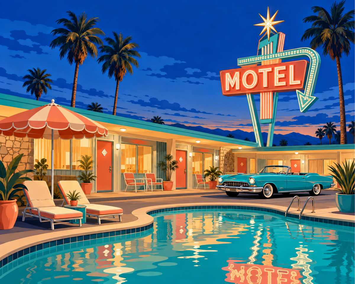 A vintage motel with a swimming pool, palm trees, neon sign and turquoise car at dusk.