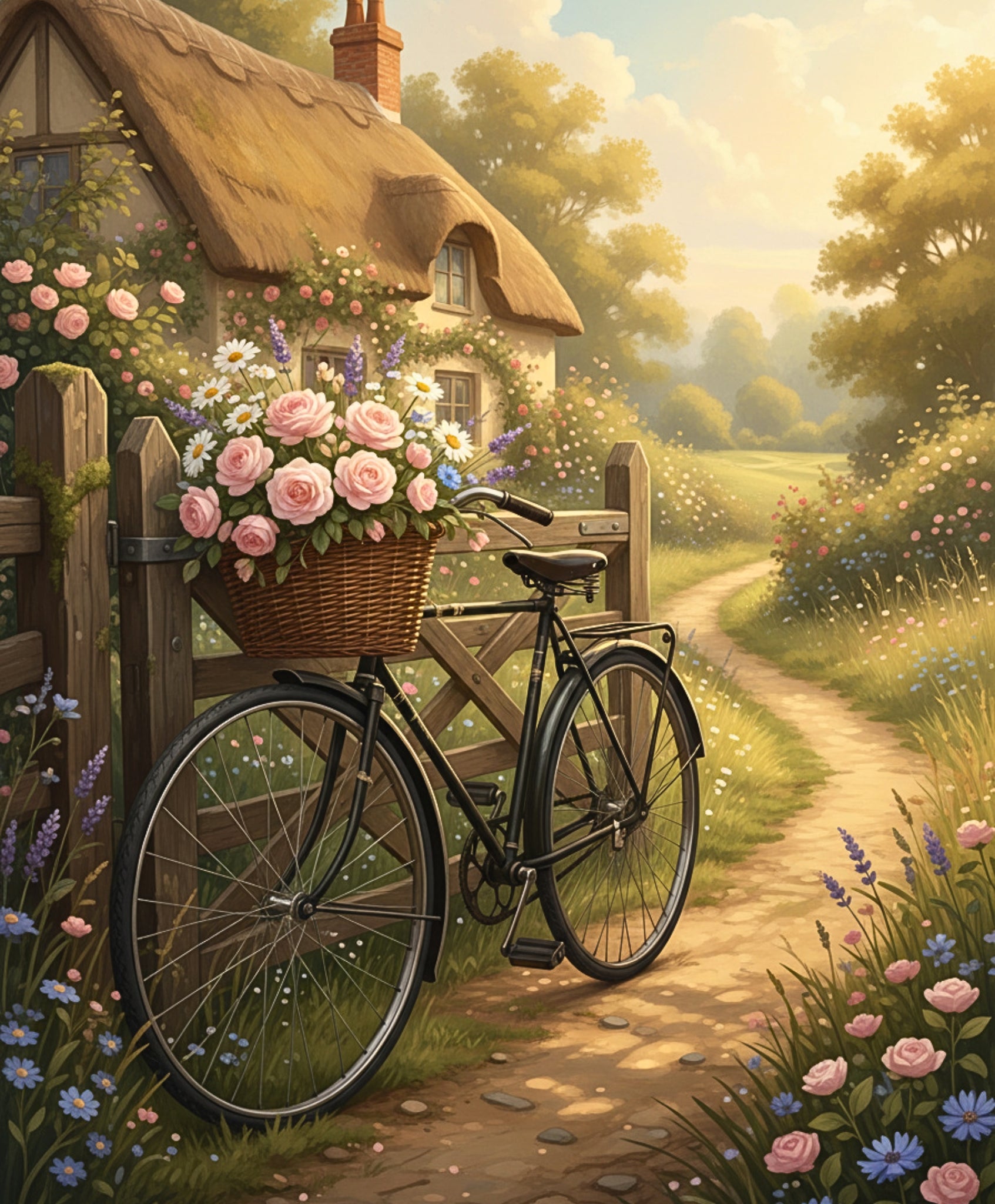 Bicycle with a basket of flowers leaning against a thatched-roof cottage in a picturesque garden.