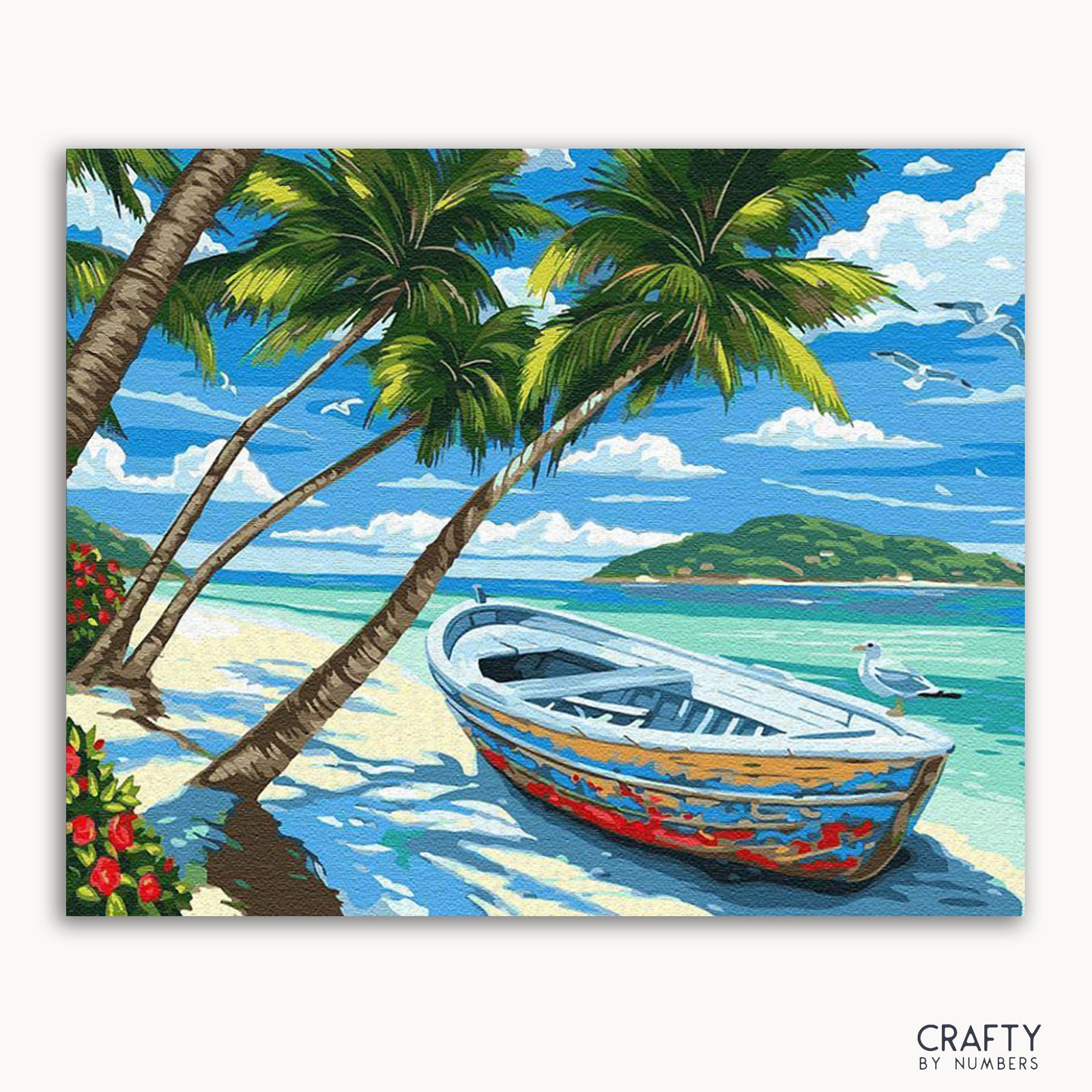 Una pintura vibrante que representa un barco colorido en una playa con palmeras y un cielo azul claro de fondo, titulada 'Heavenly Calm' de Crafty by Numbers.