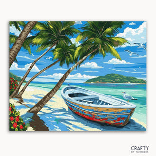 Une peinture vibrante représentant un bateau coloré sur une plage avec des palmiers et un ciel bleu clair en arrière-plan, intitulée « Heavenly Calm » par Crafty by Numbers.