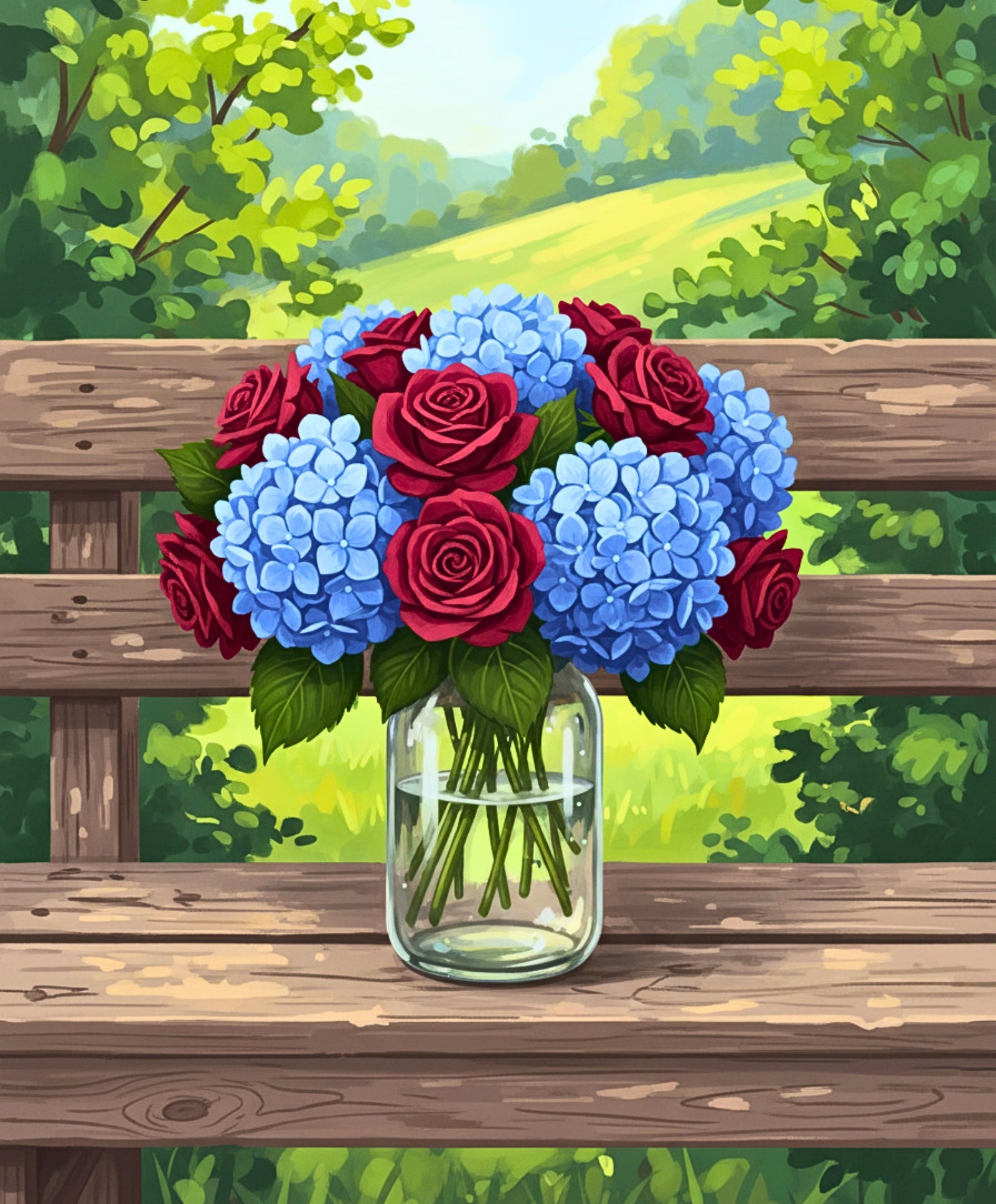 Hydrangeas & Crimson Roses