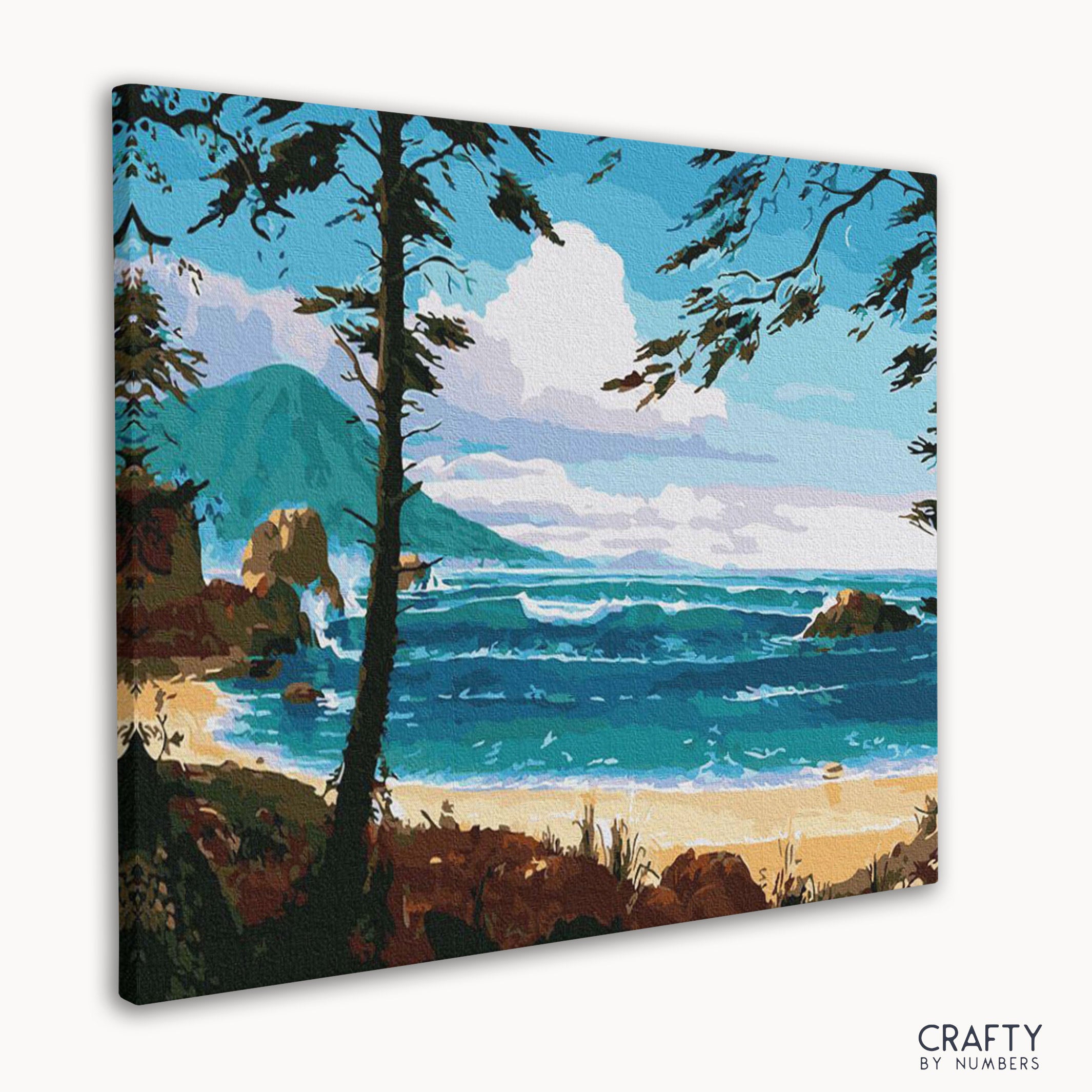 DIY canvas painting kit of hikers enjoying a morning sunrise in nature.