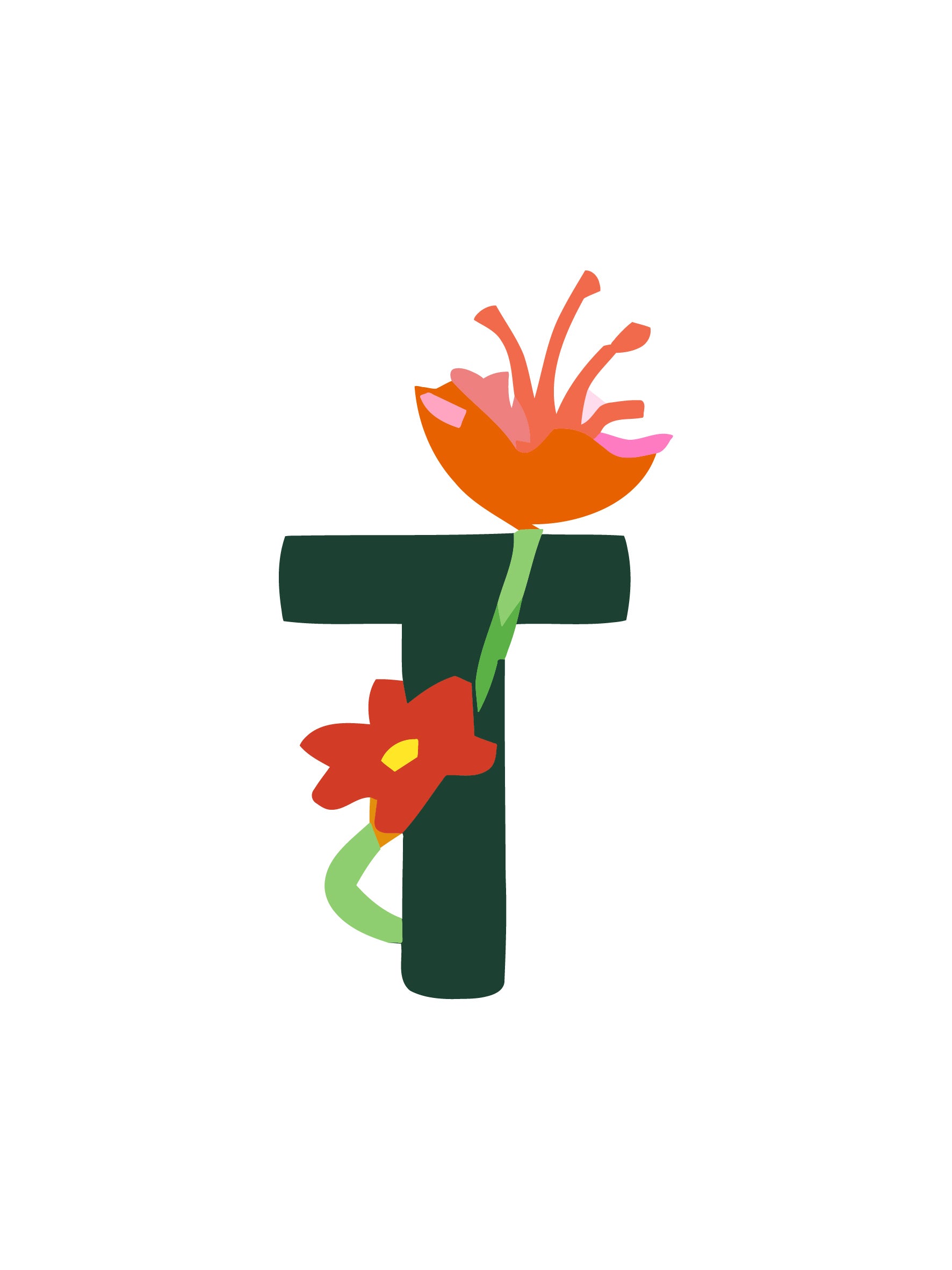 Letter 'T' with floral design on a white background