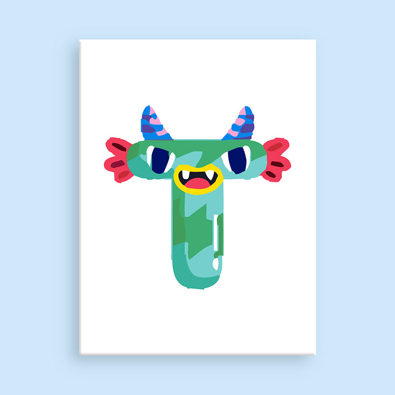 Colorful cartoon monster design on a light blue background