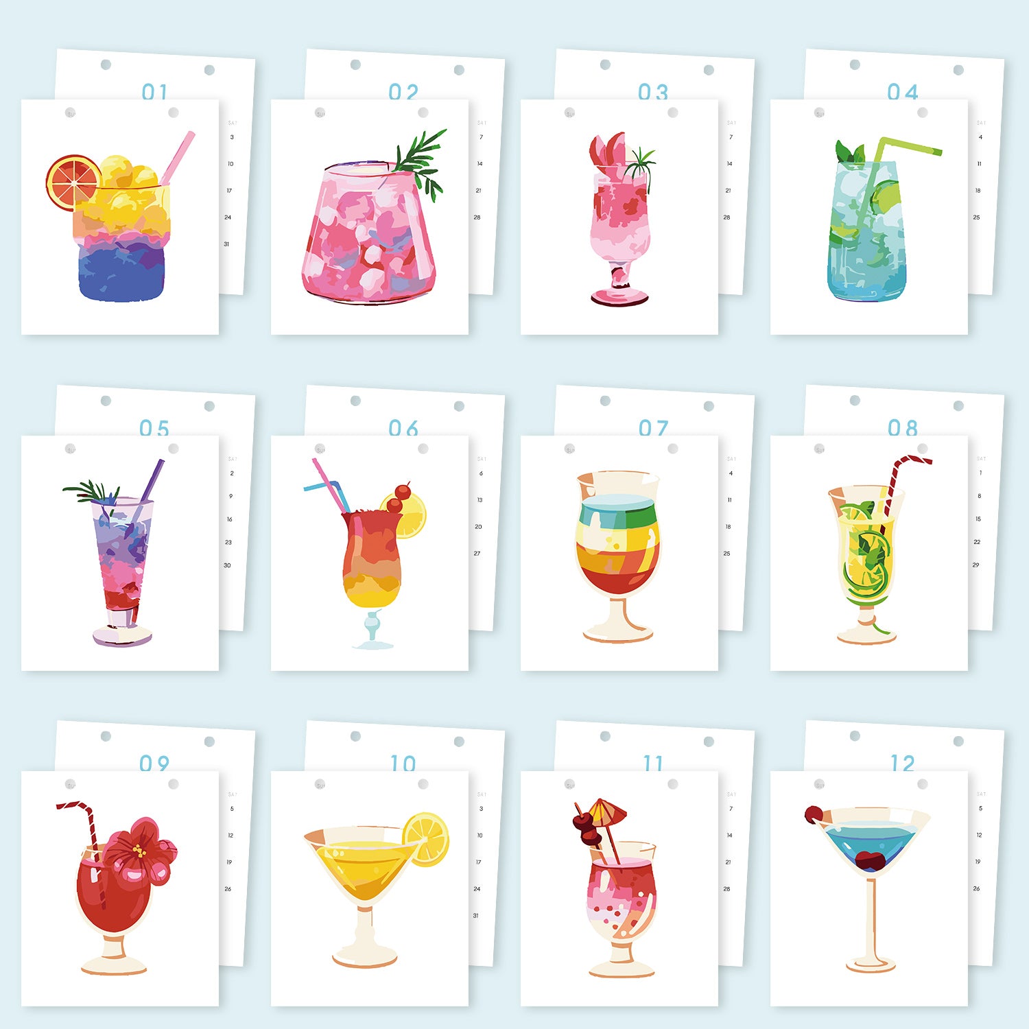 Set of 12 cocktail illustrations on a light blue background
