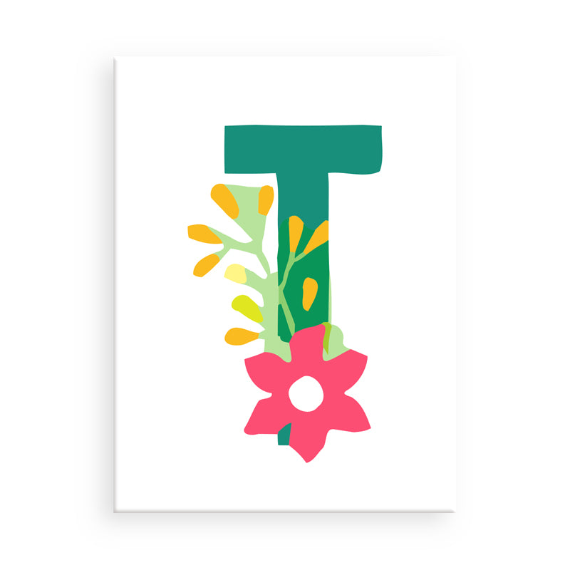 Letter 'T' with floral design on a white background