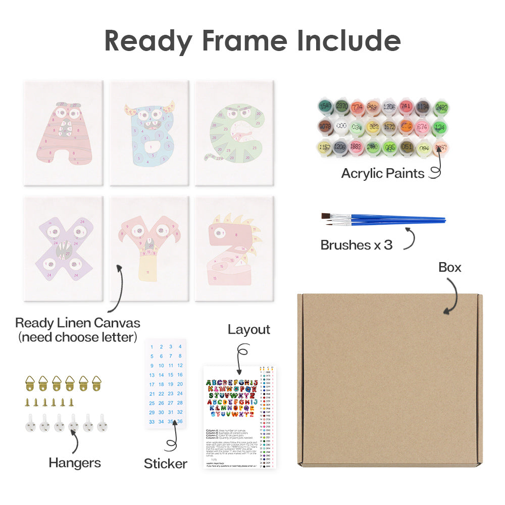 Set of art supplies including acrylic paints, brushes, a box, linen canvas, hangers, and a layout chart on a white background.