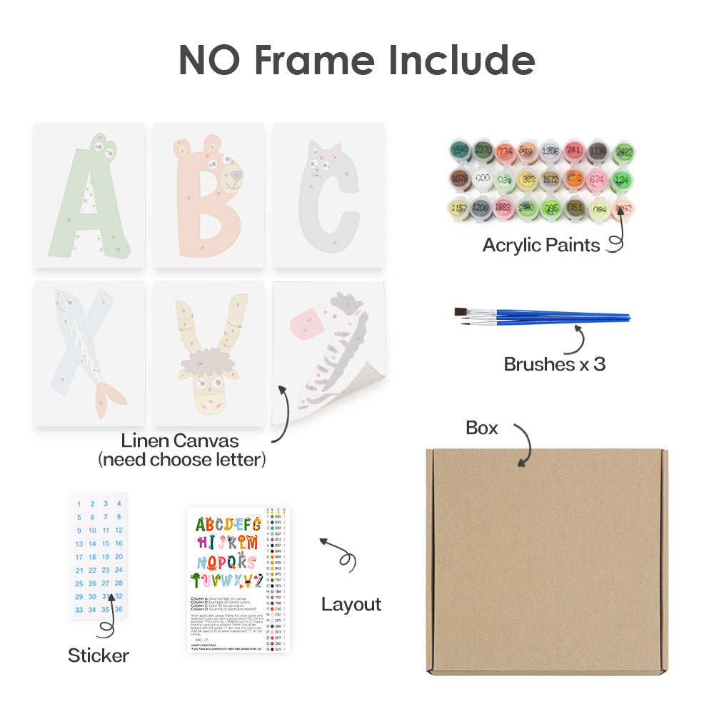 Product kit with linen canvas, acrylic paints, brushes, and other items on a white background.