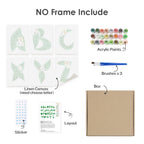 Set of art supplies including linen canvas, acrylic paints, brushes, and a box on a white background.