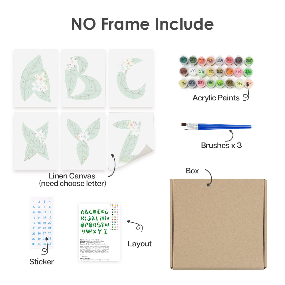 Set of art supplies including linen canvas, acrylic paints, brushes, and a box on a white background.