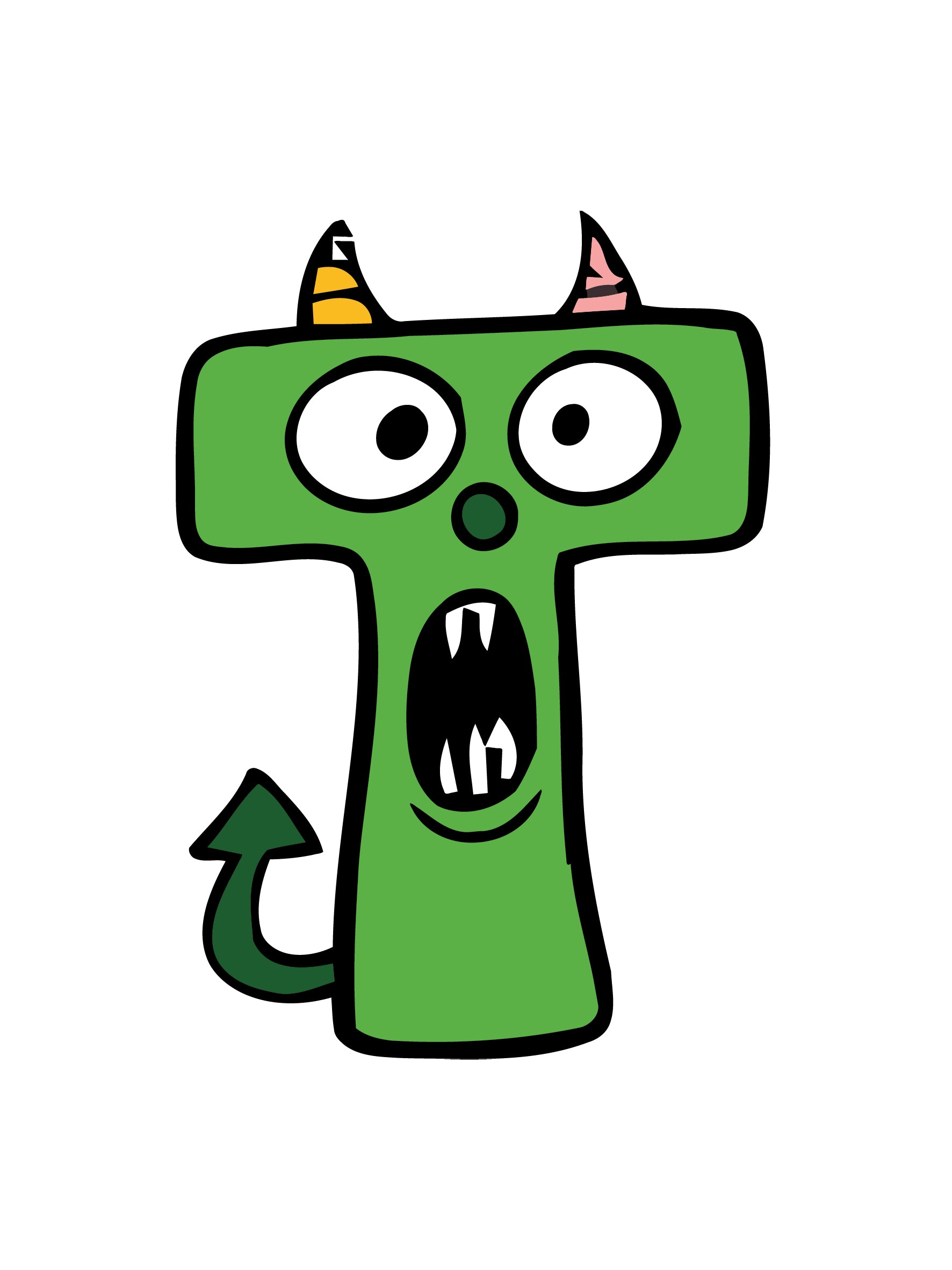 Cartoon green monster with horns and a tail on a white background