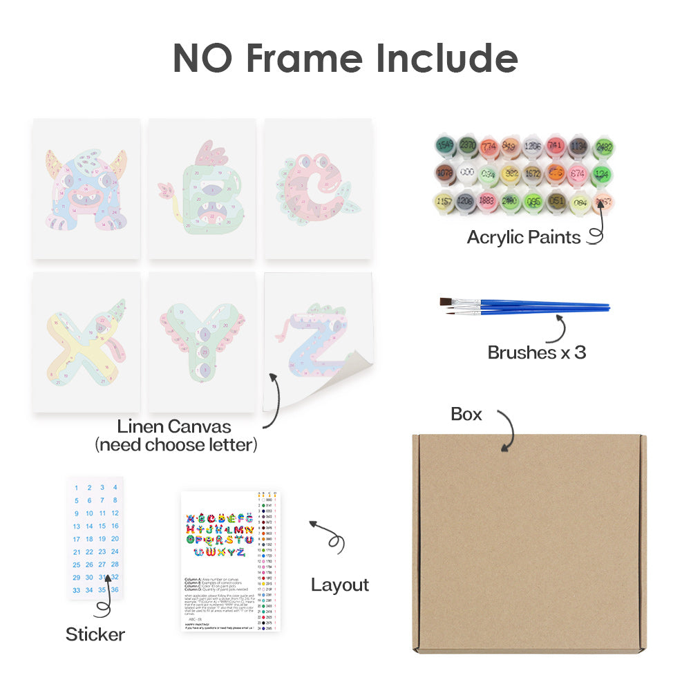 Artistic set with linen canvas, acrylic paints, brushes, and stickers on a white background.