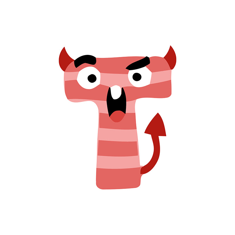 Cartoonish red monster with horns and a tail on a white background