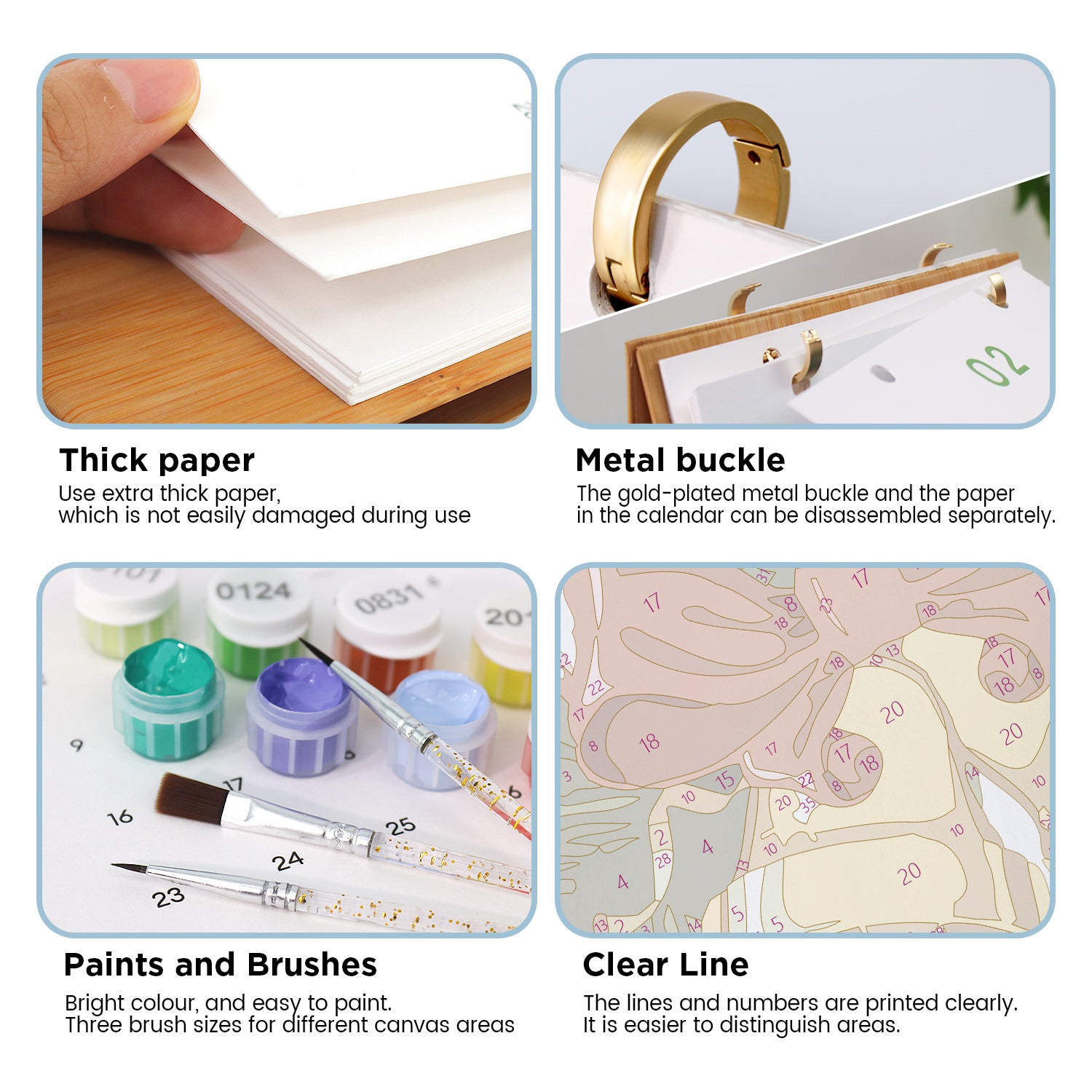 Las características del producto incluyen papel grueso, hebilla de metal, pinturas y pinceles, y una línea clara en un calendario.