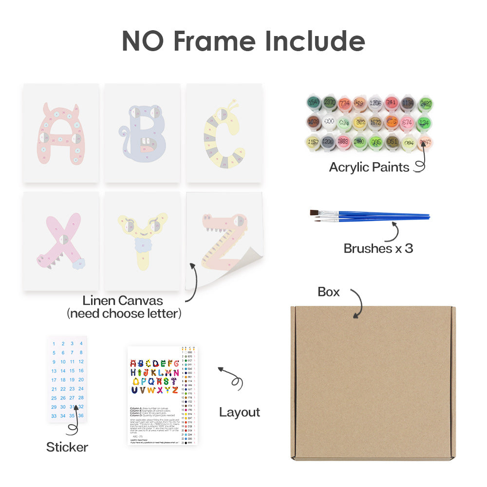 Artistic set with linen canvas, acrylic paints, brushes, and letter stickers on a white background.