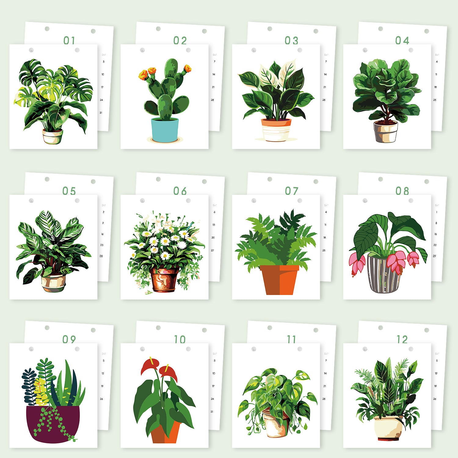 Calendario con ilustraciones de varias plantas en macetas sobre un fondo verde claro