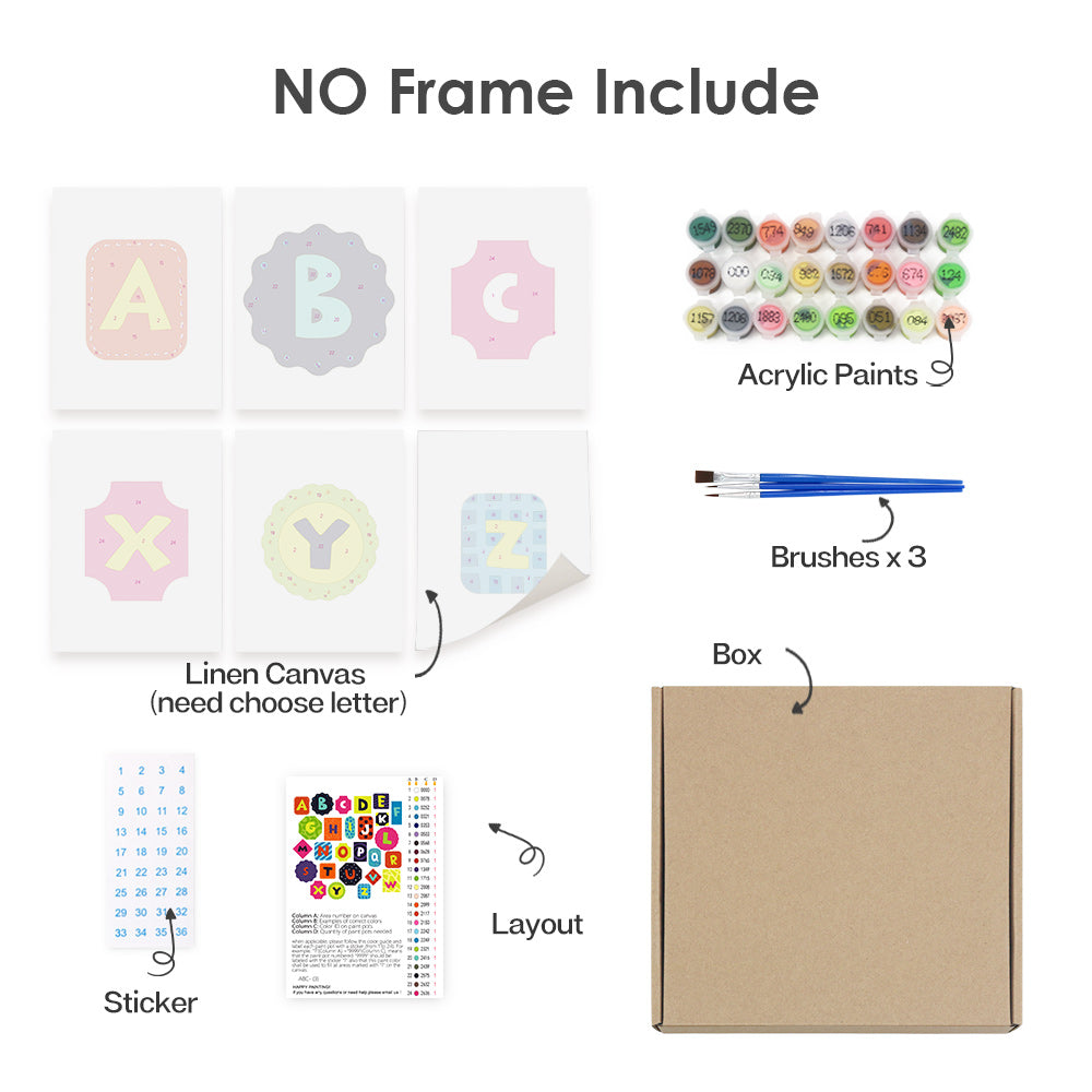 Set of art supplies including acrylic paints, brushes, a linen canvas, and letter stickers on a white background.