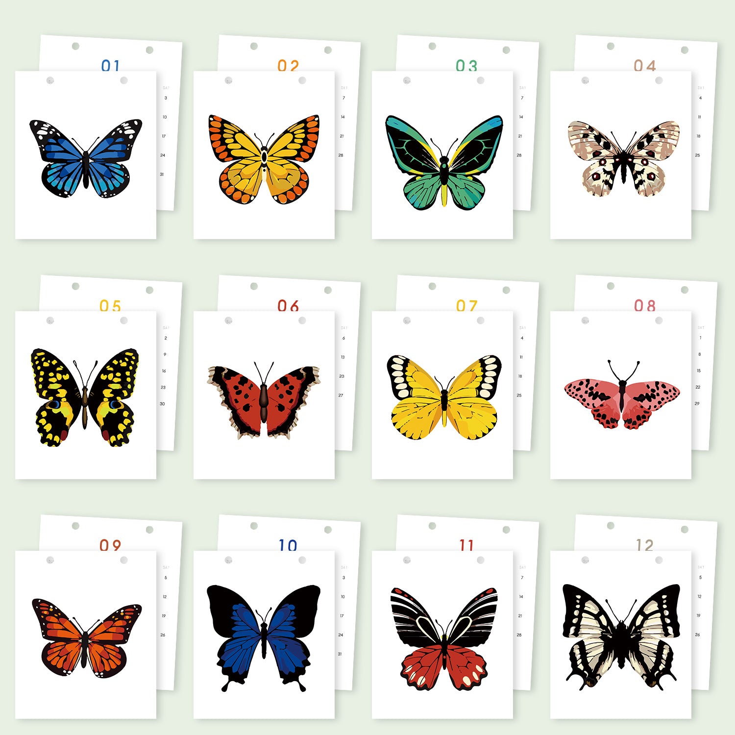 Calendar with images of butterflies on a light green background