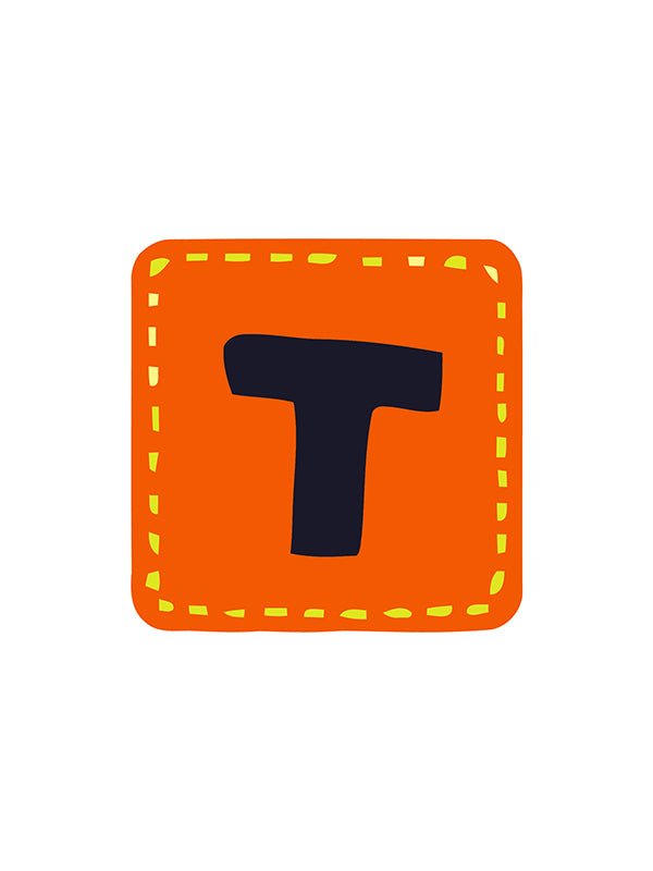 Orange square with a black letter 'T' on a white background