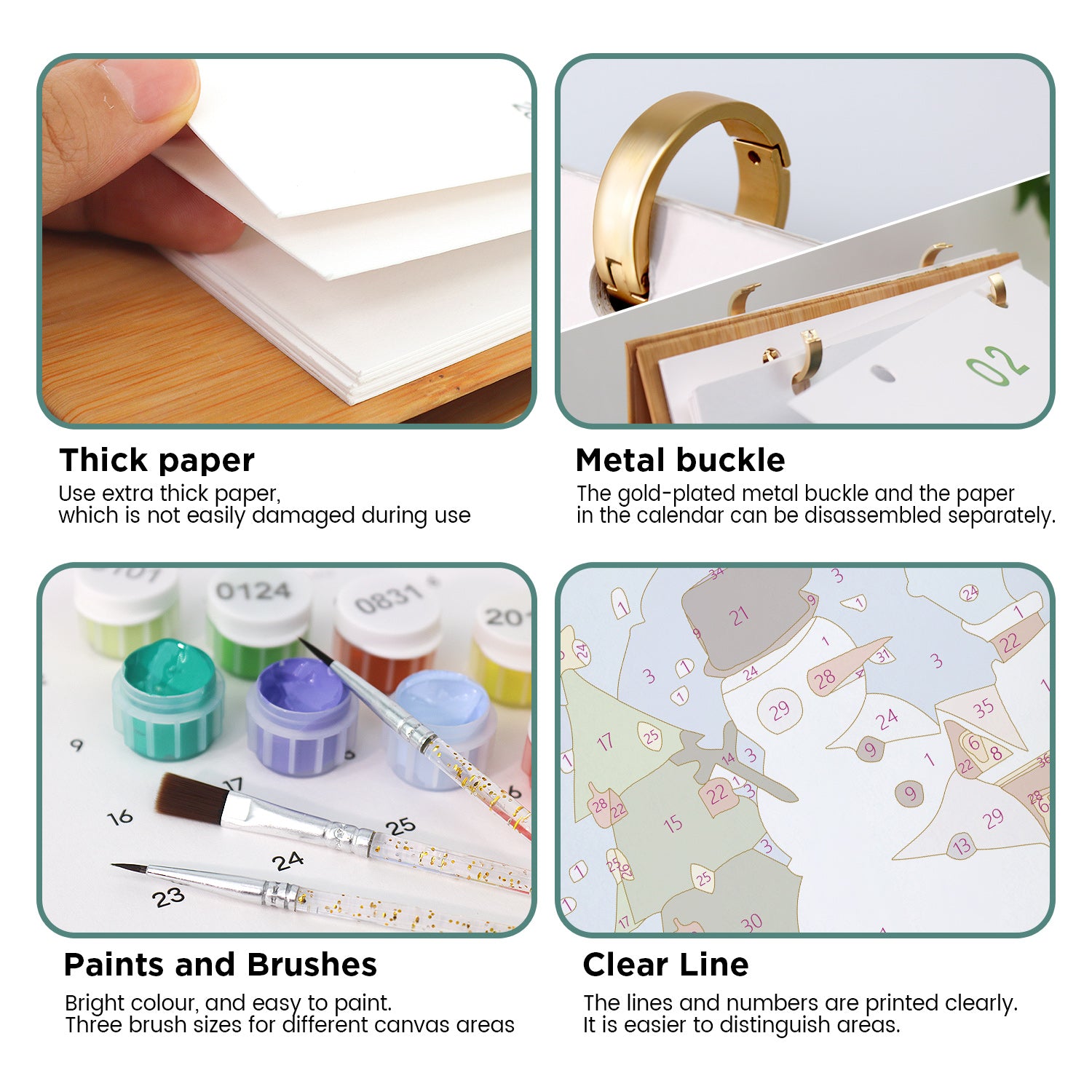 Las características del producto incluyen papel grueso, hebilla de metal, pinturas y pinceles, y una línea clara en un calendario.