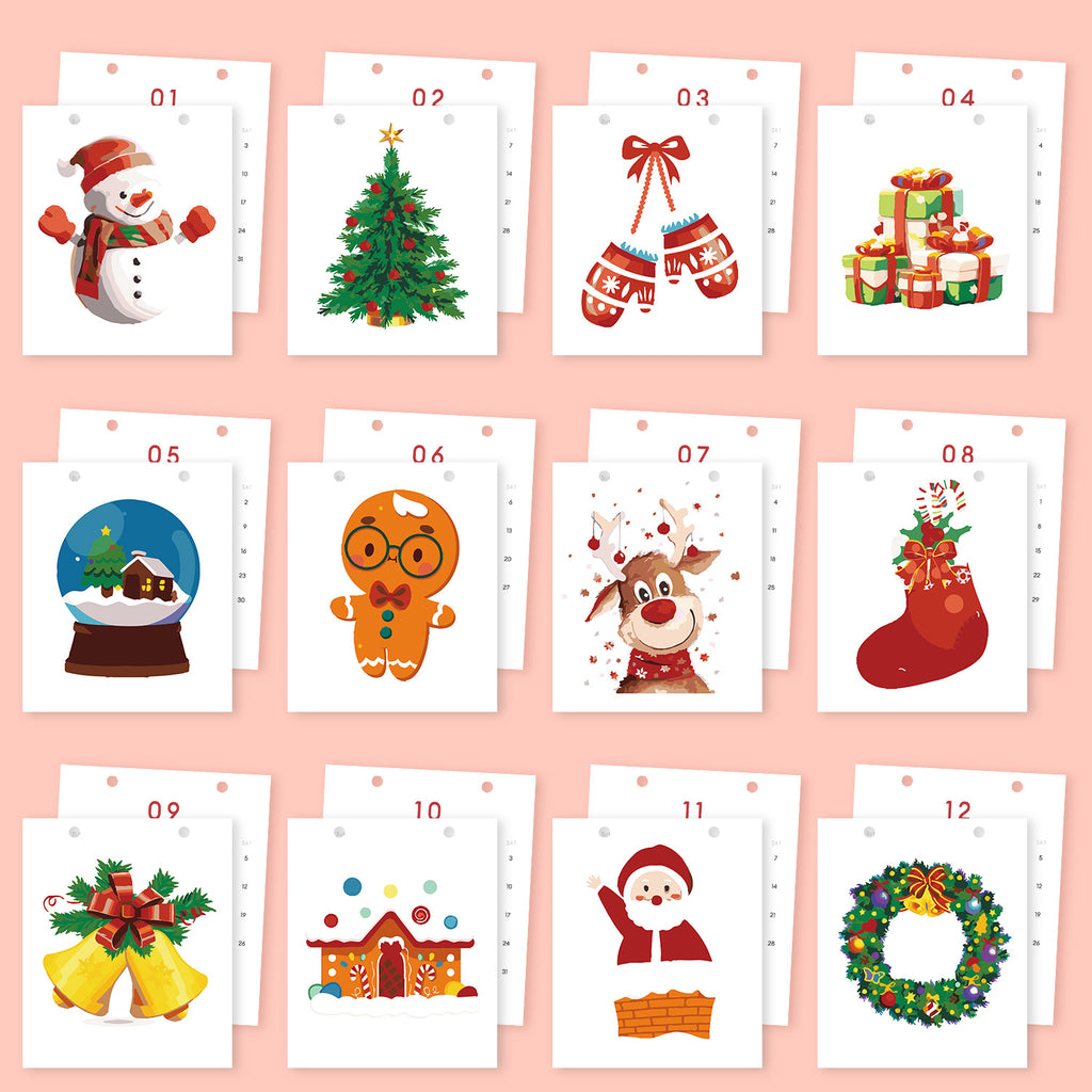  advent calendar with cartoon illustrations on a pink background