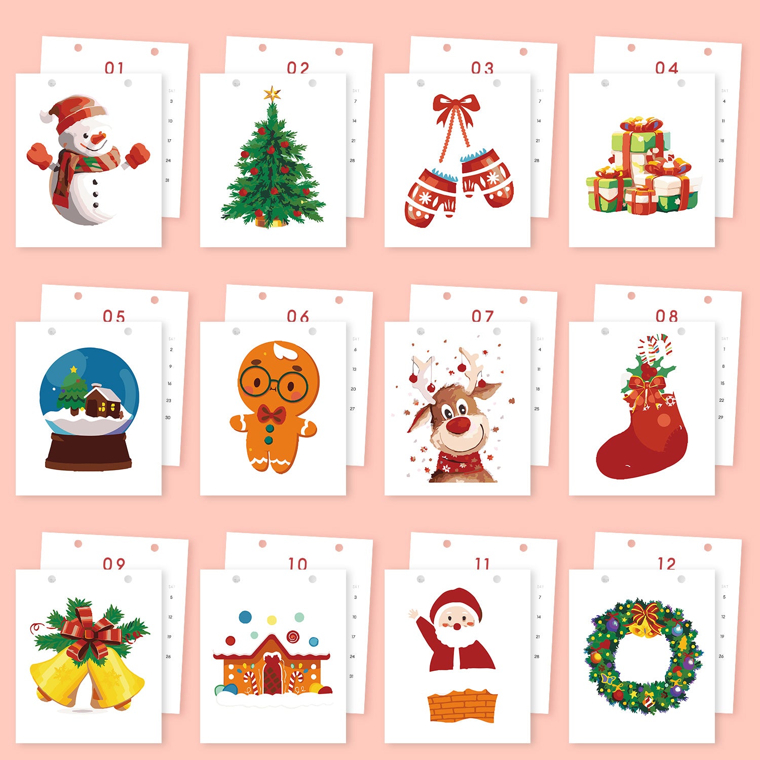  Adventskalender mit Cartoon-Illustrationen auf rosa Hintergrund