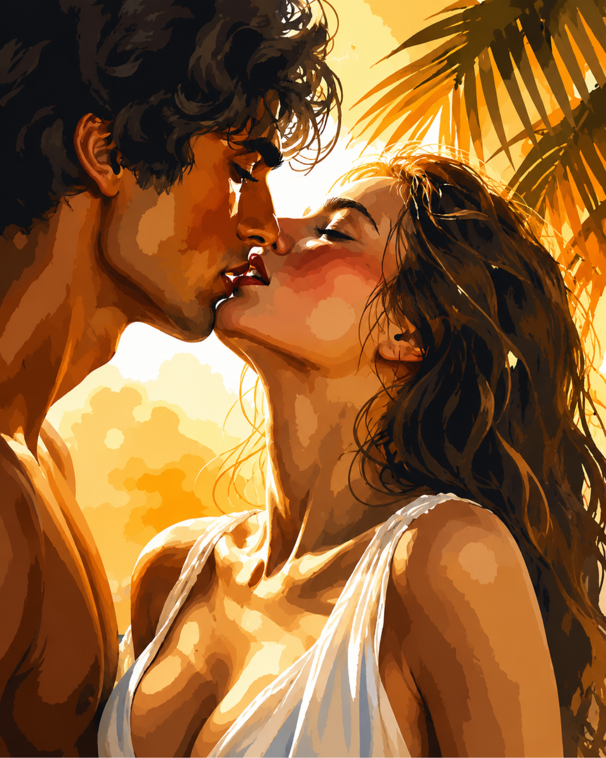 A couple kissing in golden sunlight beneath palm leaves.