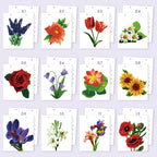 Grid of twelve floral illustrations on a light purple background