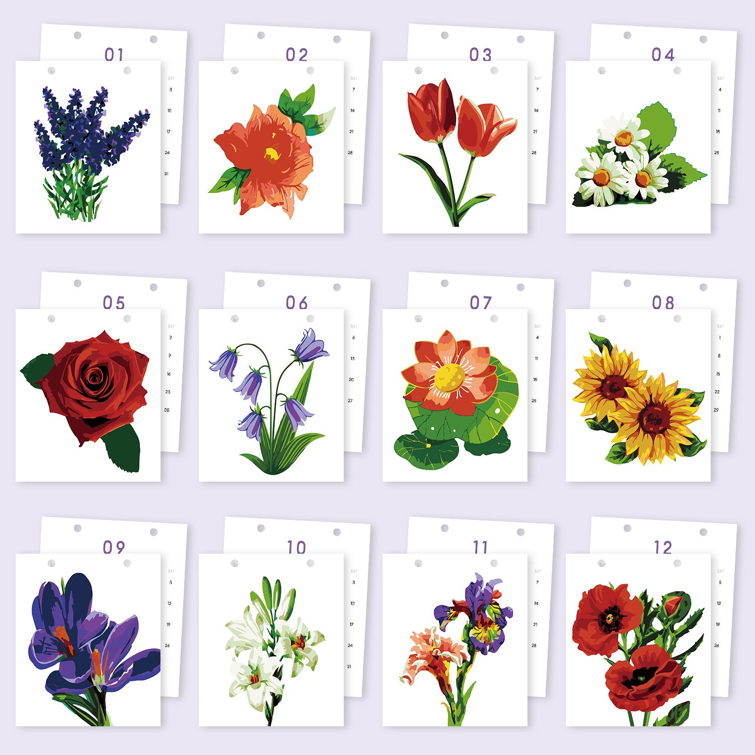 Grid of twelve floral illustrations on a light purple background