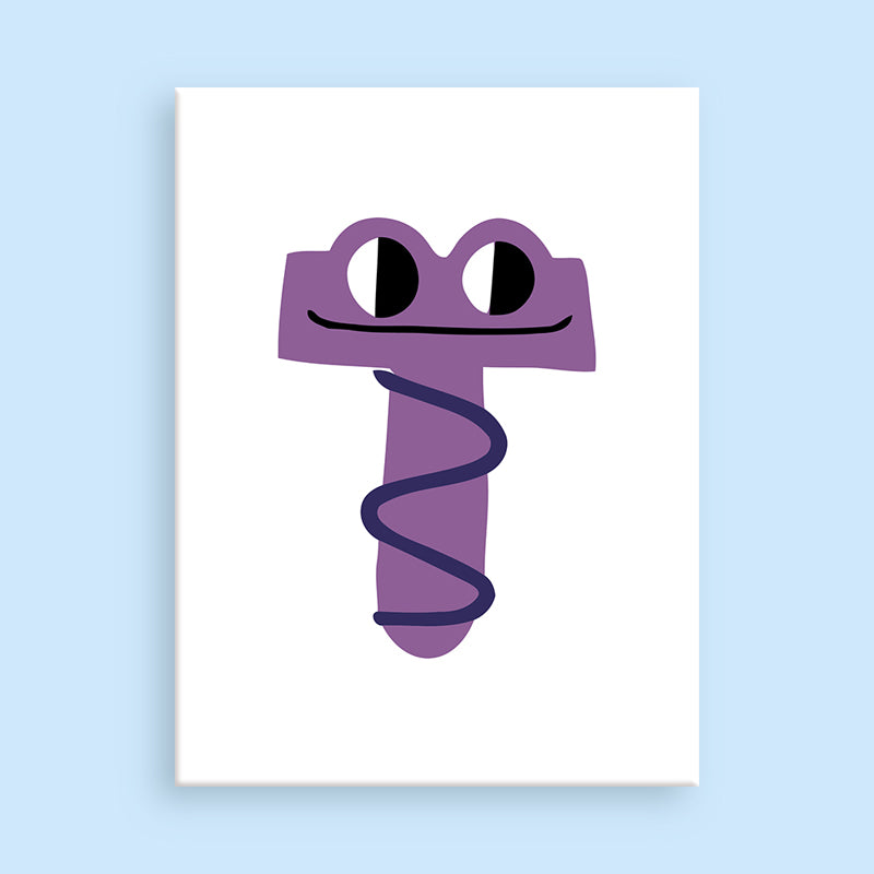 Purple cartoon character with a spiral body on a white background