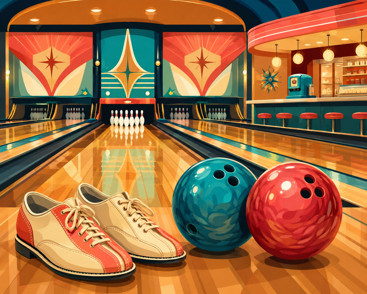 Red and turquoise bowling balls and two-tone shoes beside polished bowling lanes.