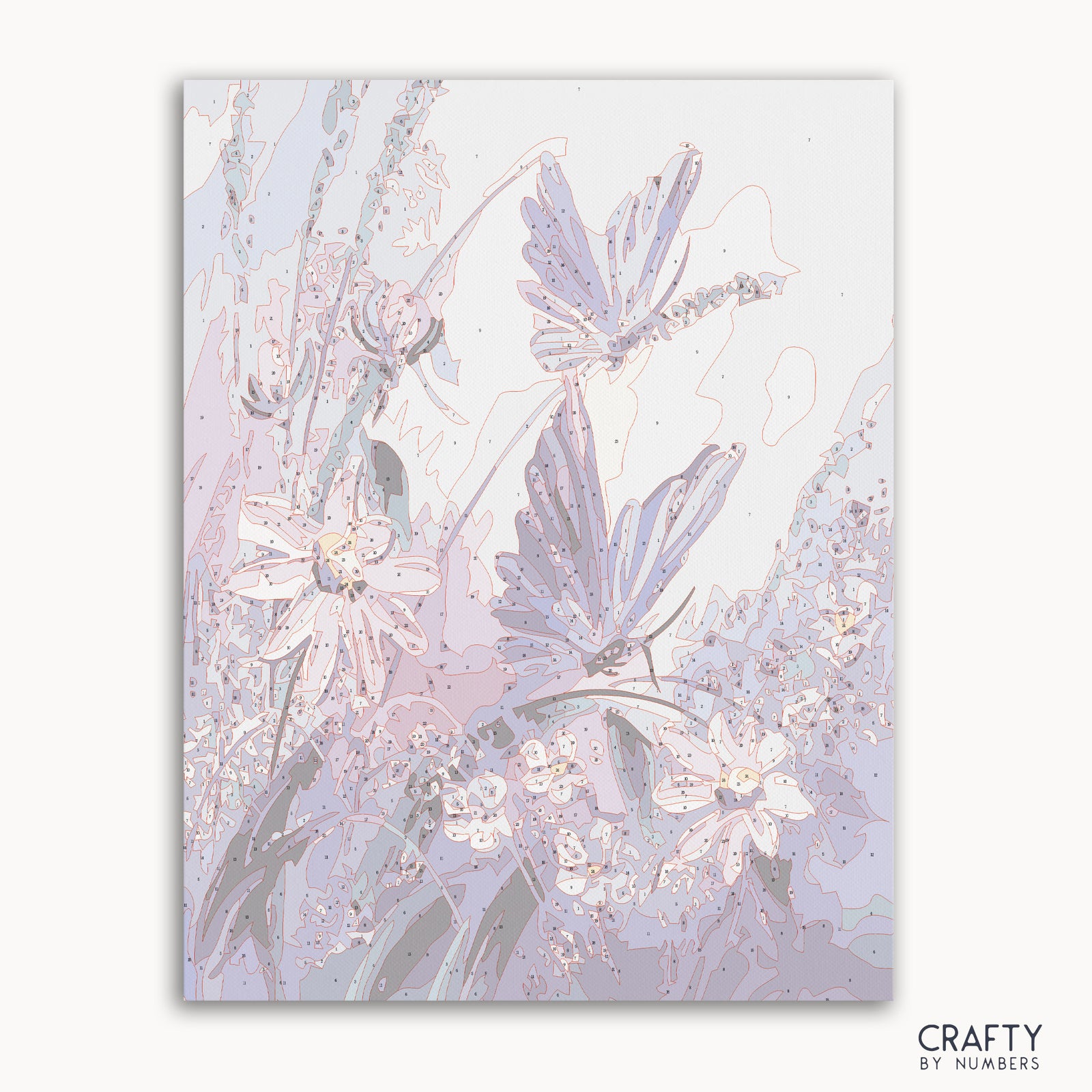Lila Schmetterlinge malen nach Zahlen, inspiriert von berühmten Gemälden mit lebendigen Farben und zarten Details, die an berühmte Gemälde von Van Gogh und berühmte Blumengemälde erinnern.