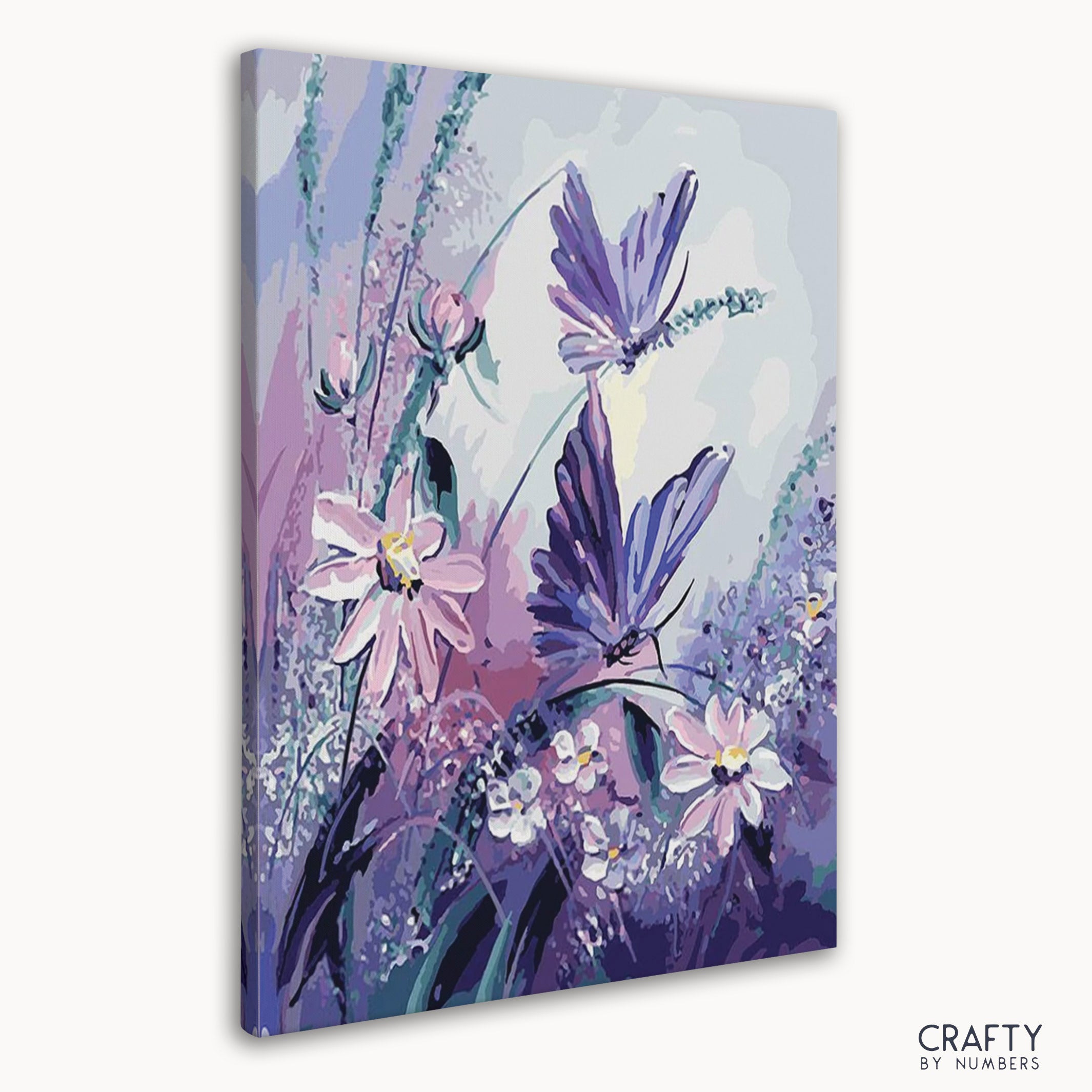 Detailed Purple Butterflies paint by number artwork, reflecting styles found in famous paintings of women and famous artists paintings.