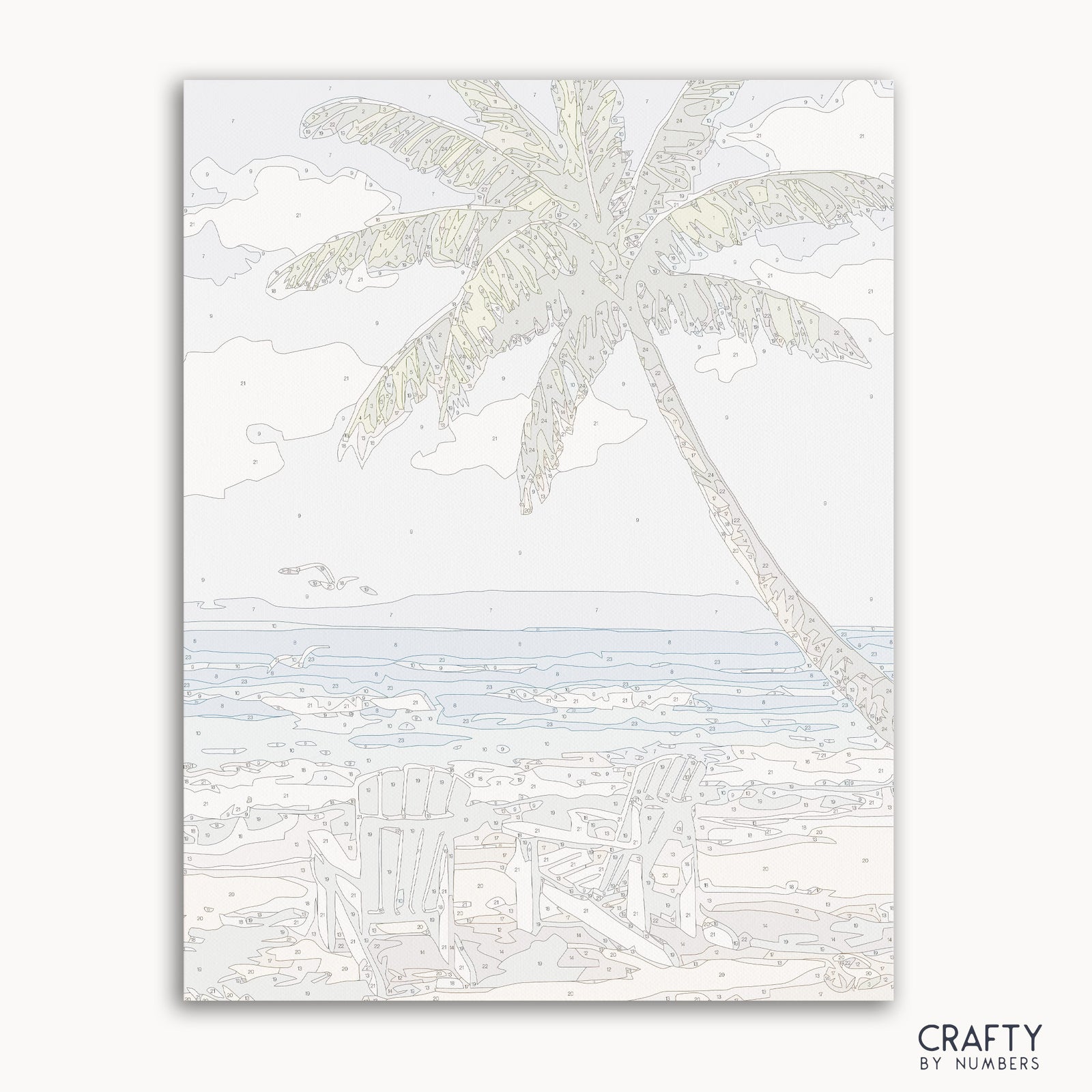 Das Malen nach Zahlen „Paradise Beach“ zeigt lebendige Farben und einen von berühmten Gemälden inspirierten Stil mit Elementen berühmter Gemälde von Vincent Van Gogh.