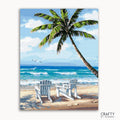 A painted image depicting a beach scene with a palm tree, two deck chairs, and the ocean in the background.