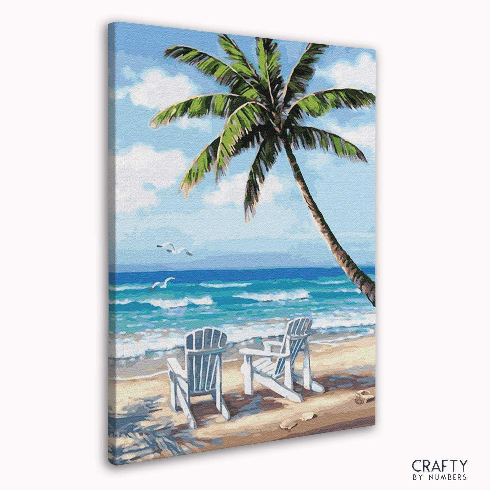 Detailliertes „Paradise Beach“-Malen-nach-Zahlen-Kunstwerk, das berühmte Landschaftsgemälde und Gemäldeeinflüsse berühmter Künstler widerspiegelt.