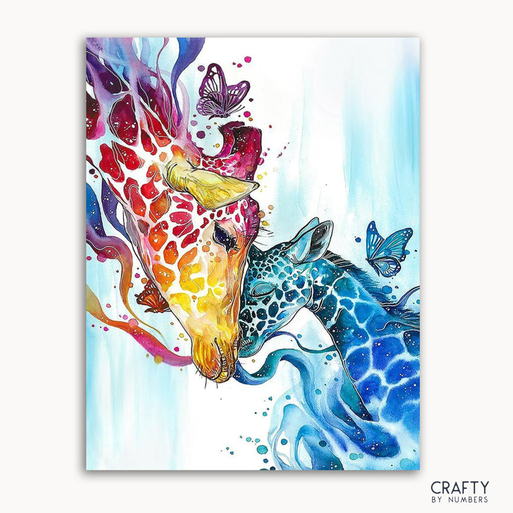A colorful painting of a giraffe mother and her calf with abstract patterns and butterflies in the background.
