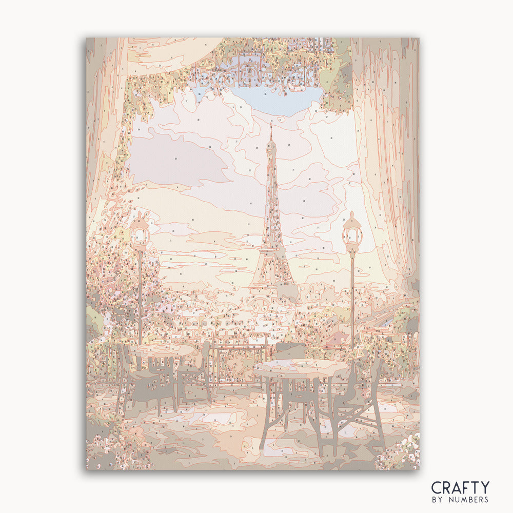 Sunset view of Eiffel Tower from a Paris café terrace paint by numbers canvas