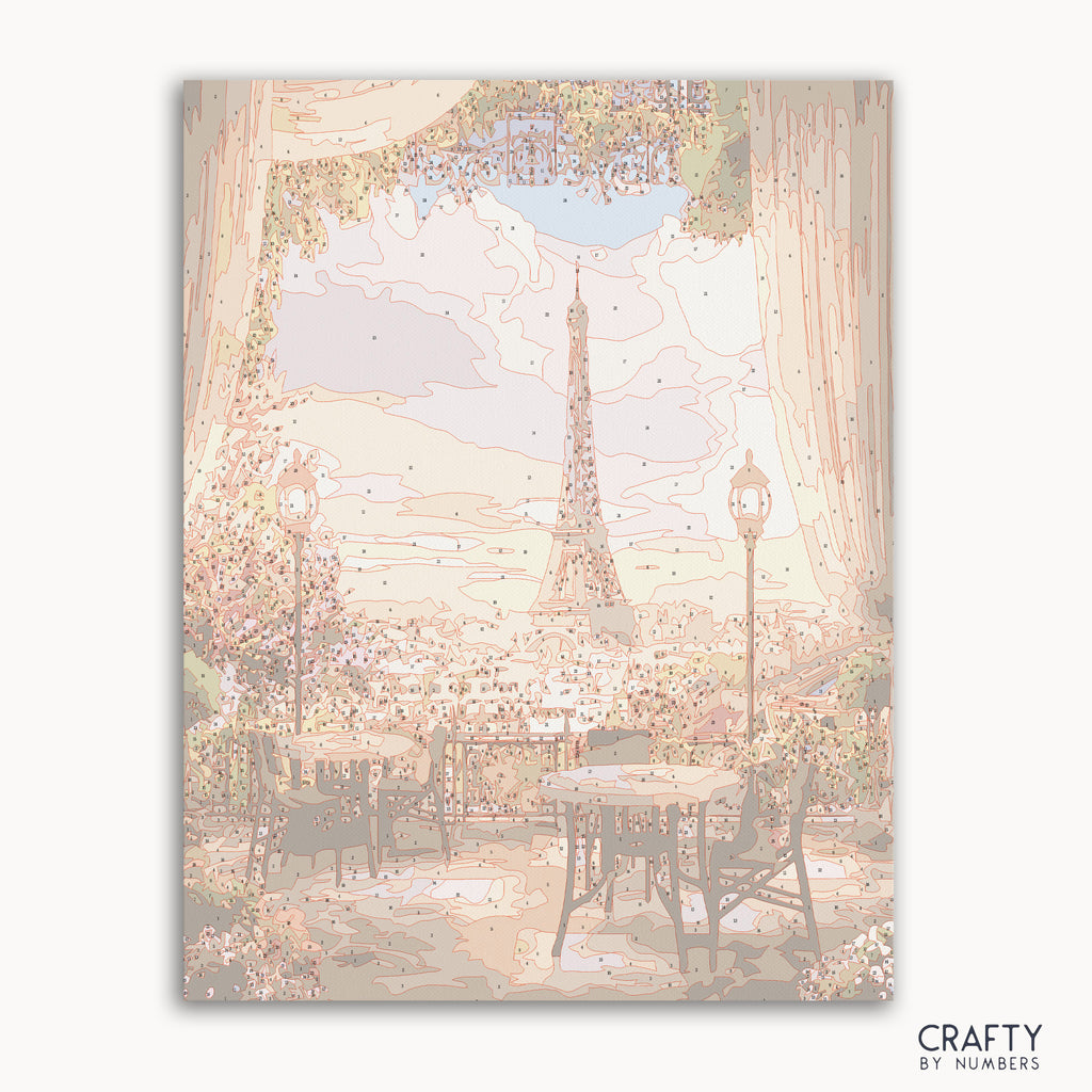 Sunset view of Eiffel Tower from a Paris café terrace paint by numbers canvas