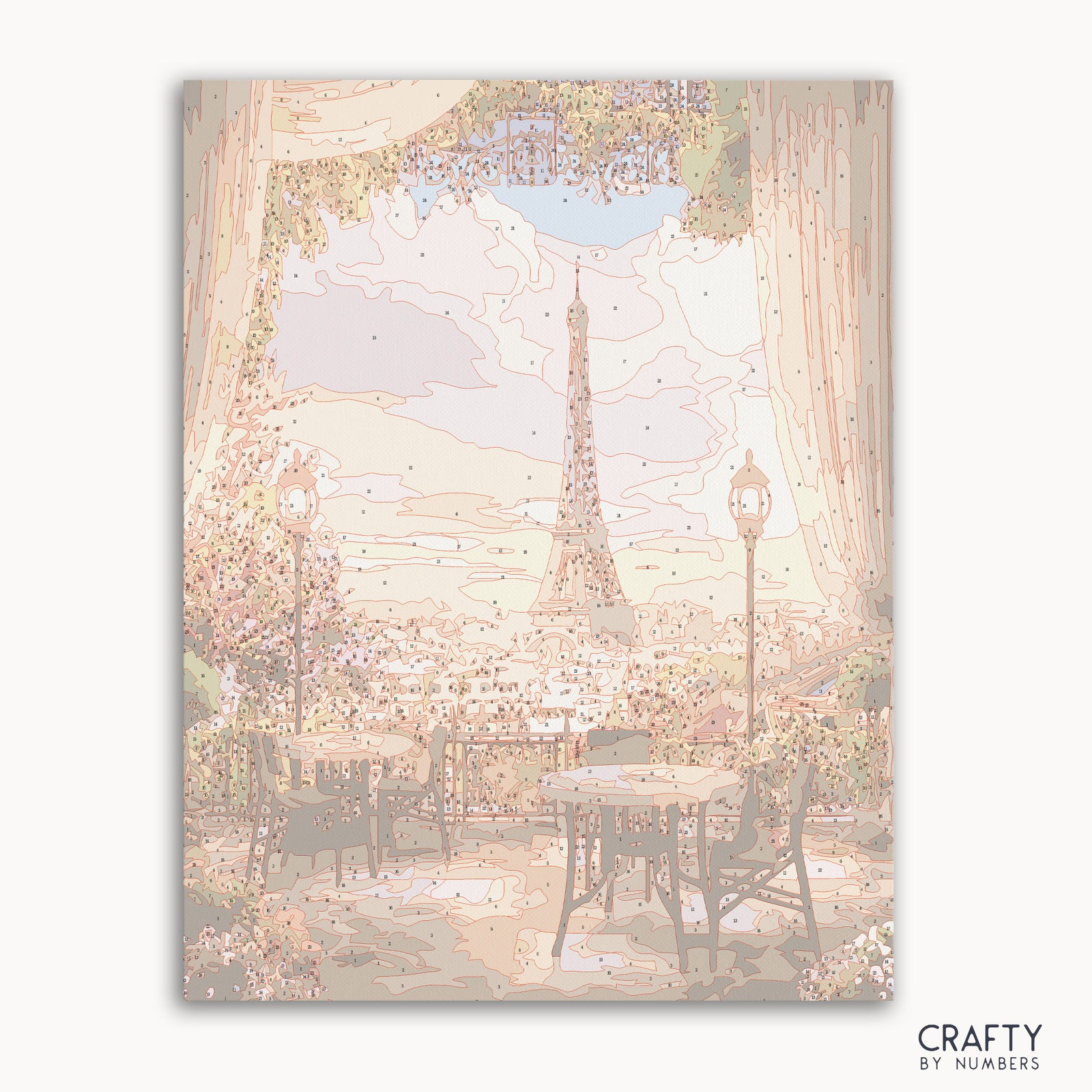 Eiffel Café Sunset paint by numbers kit with canvas and paints