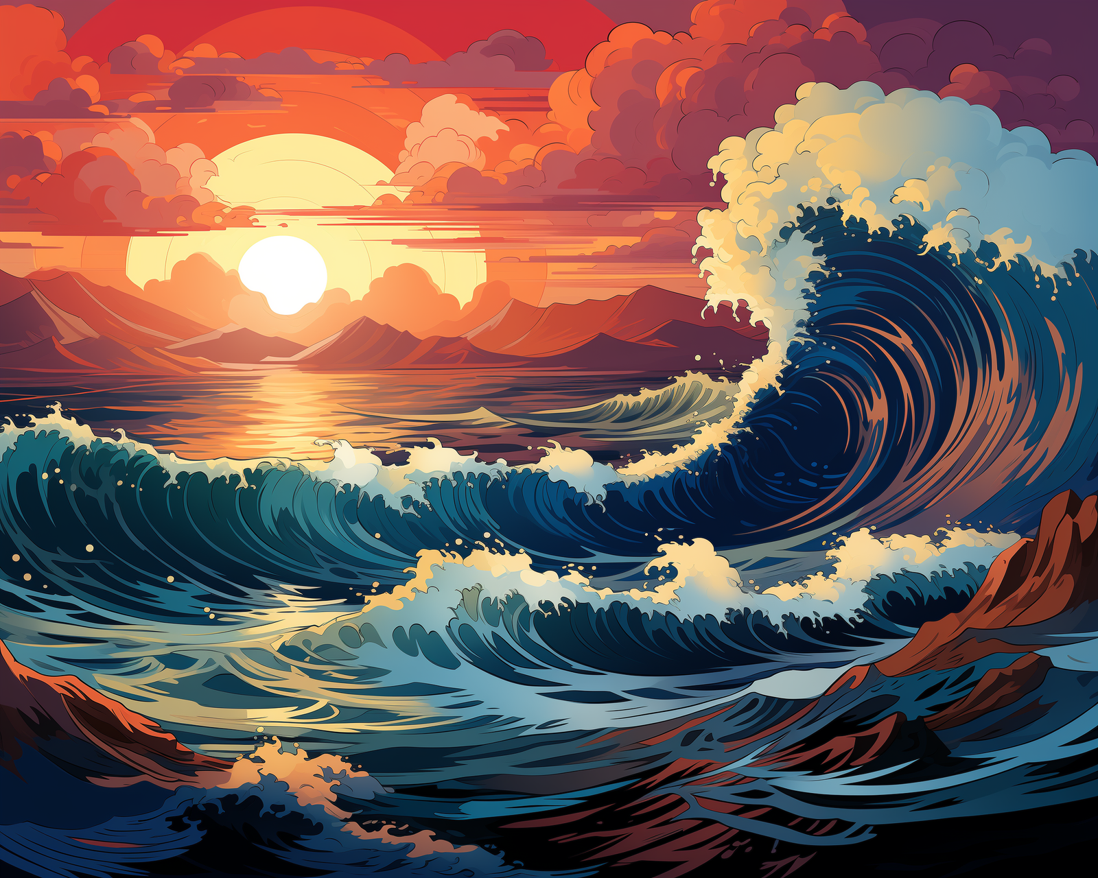 Ein Malen-nach-Zahlen-Set, das einen Sonnenuntergang über dem Meer mit Wellen zeigt.