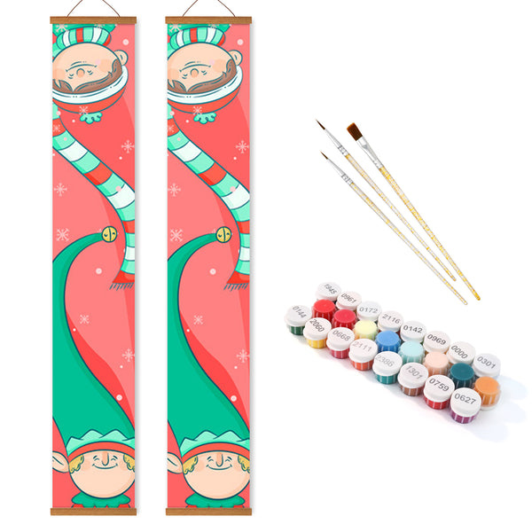 Decorative panels with cartoon characters, paintbrushes, and paint tubes on a white background