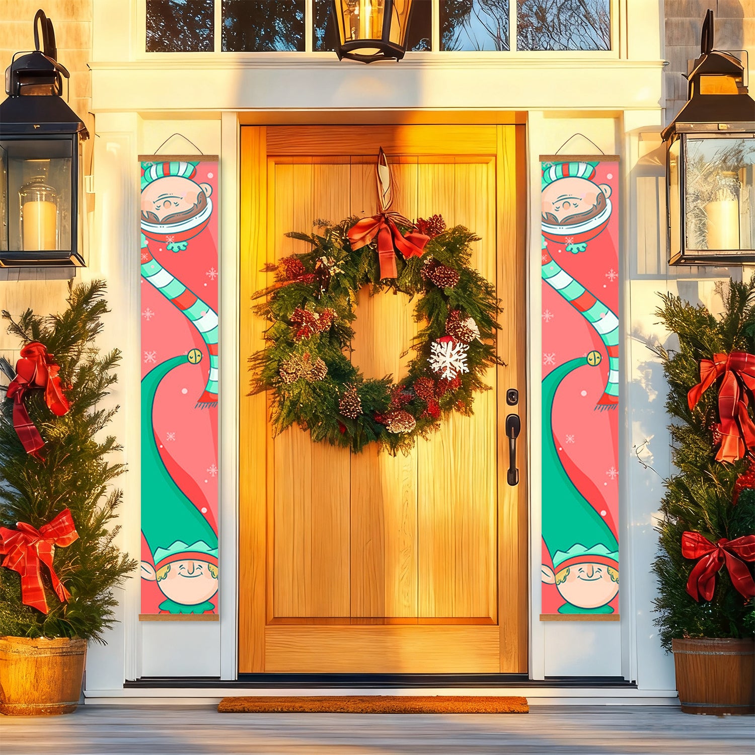 Front door with Christmas wreath and decorations on a house exterior